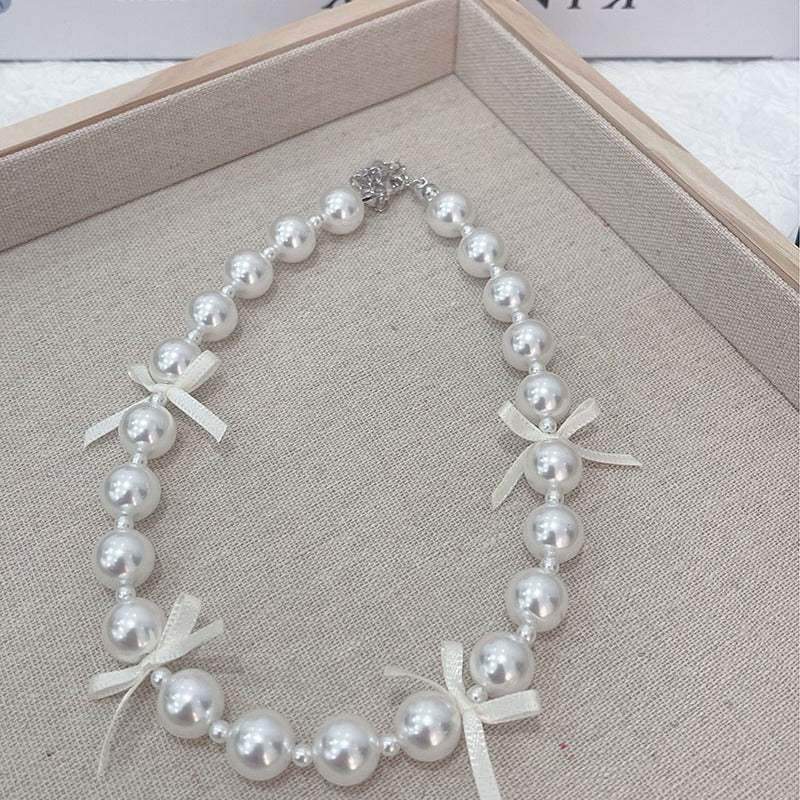 Ribbon Bow Necklace Women's Love Pearl Bead Layered Necklace