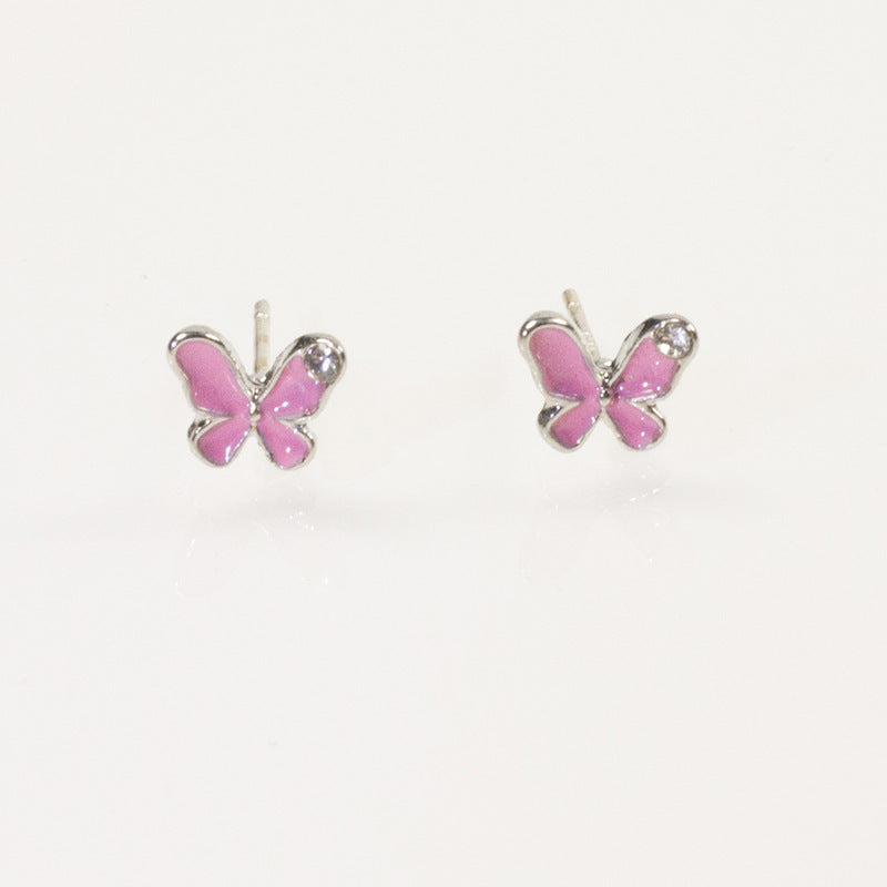 Enamel Pink Butterfly Stud Earrings