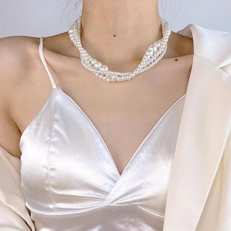 Twisted Multi-Strand Simulated Pearl Glass Bead Statement Necklace