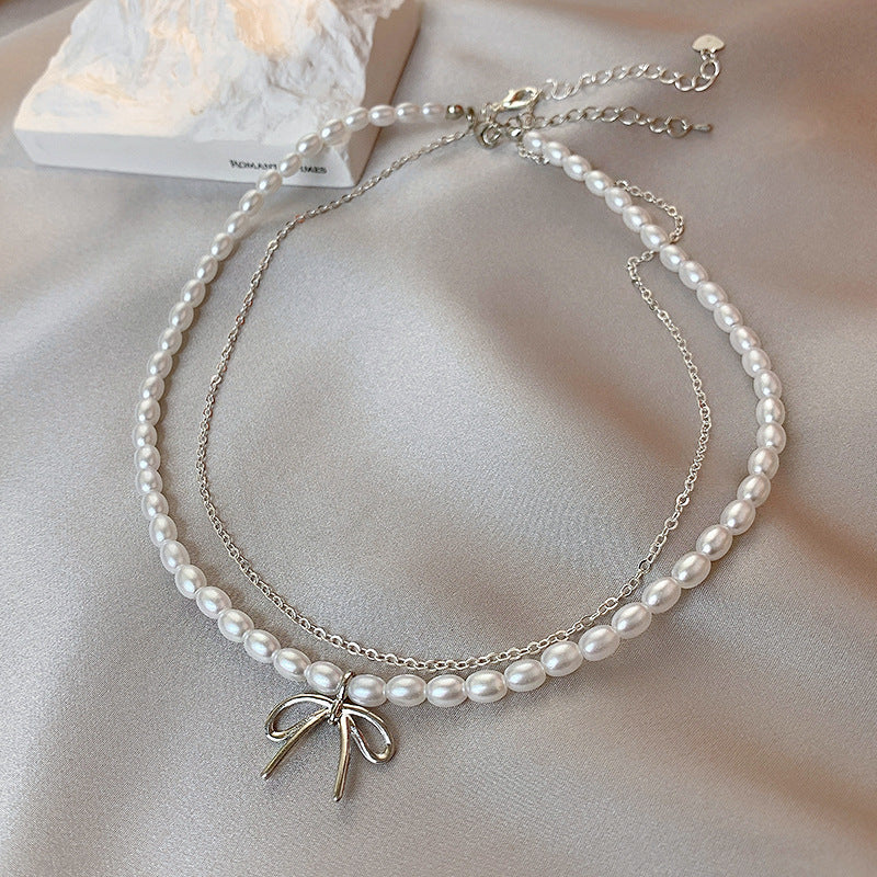 Double Layer Pearl Necklace Women Bow Necklace