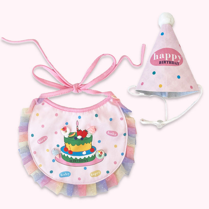 Pet birthday party kit cone hat + bib (cake/pink) Large