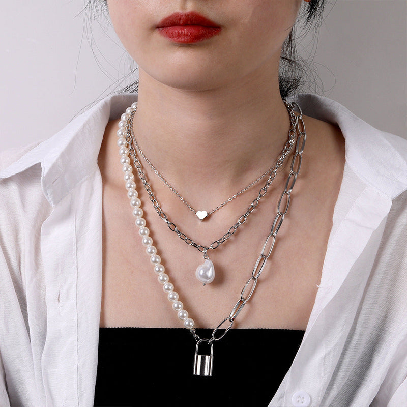 Heart Star Charm Paperclip Chain Choker Necklace Layered Lock Pendant