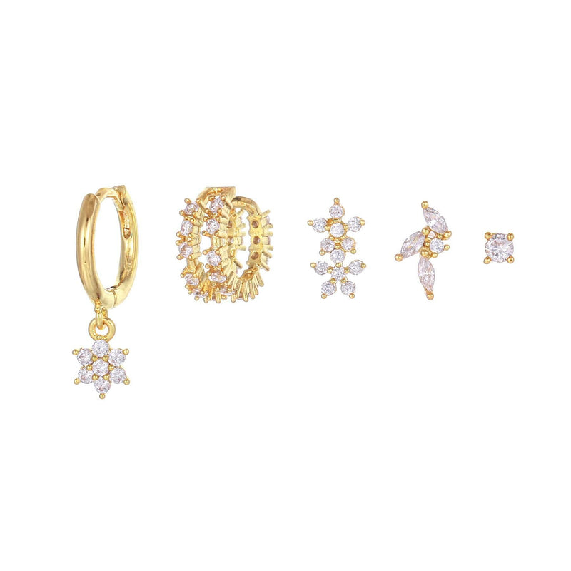 Stacking 5 Pieces Floral & Geometric Zirconia Earring Set, 18k Gold Plated Studs, Drops & Hoops,  S925 Needle, Stacked Lobe Designs with Dazzling Zirconia