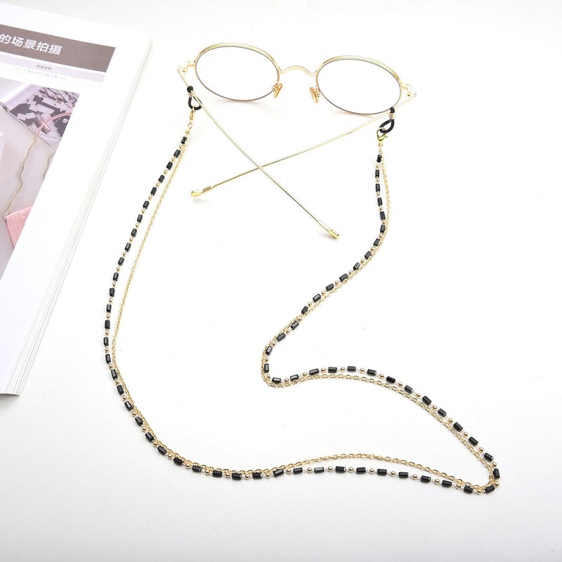 Reading Glasses Chain Women Black Beads Gold Eyeglass Lanyard Hold Straps