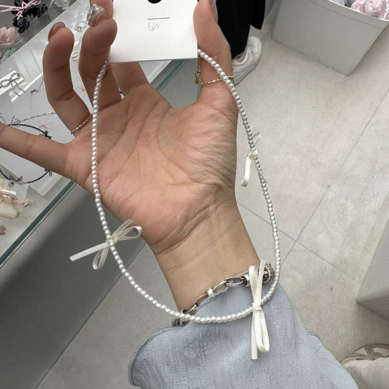 Faux Pearl Necklace Fashion Jewelry Sweet Girls Ribbon Bow Choker