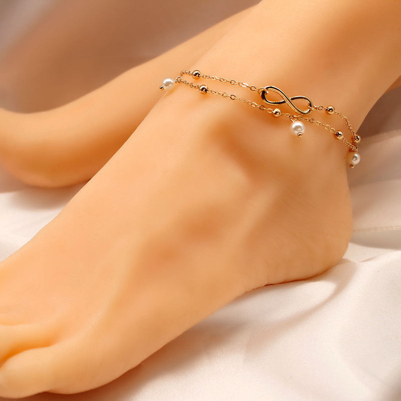 Double Layer White Pearl Beaded Anklet Jewelry