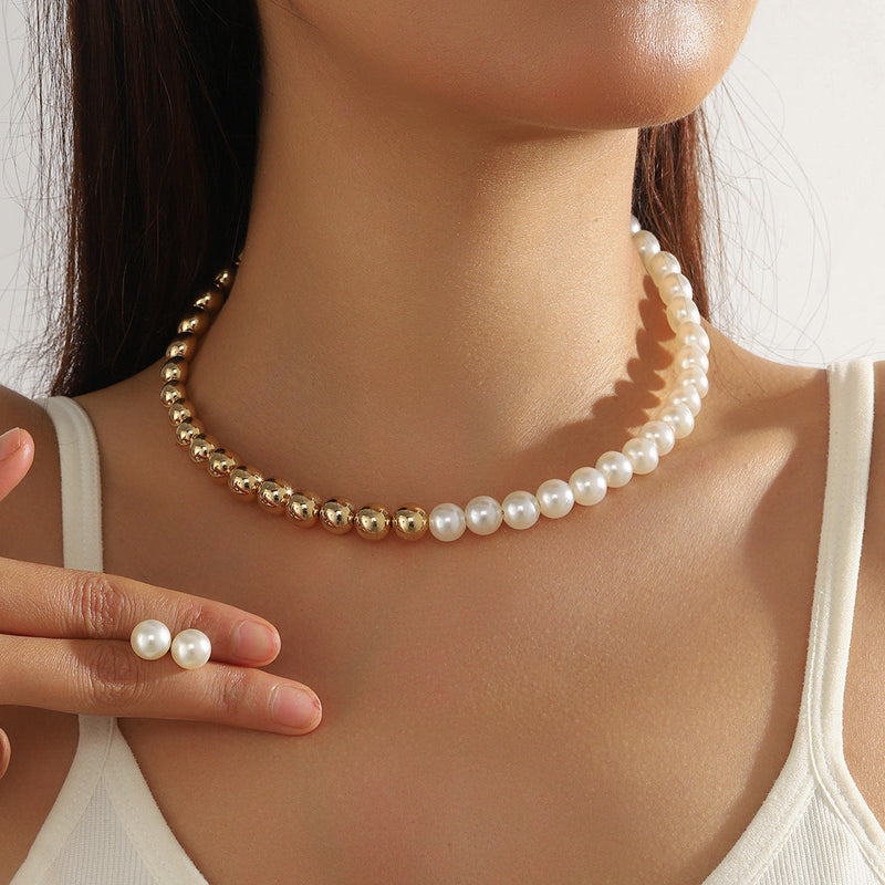 Geometric Round Metallic Beads Choker Necklace Jewelry Set