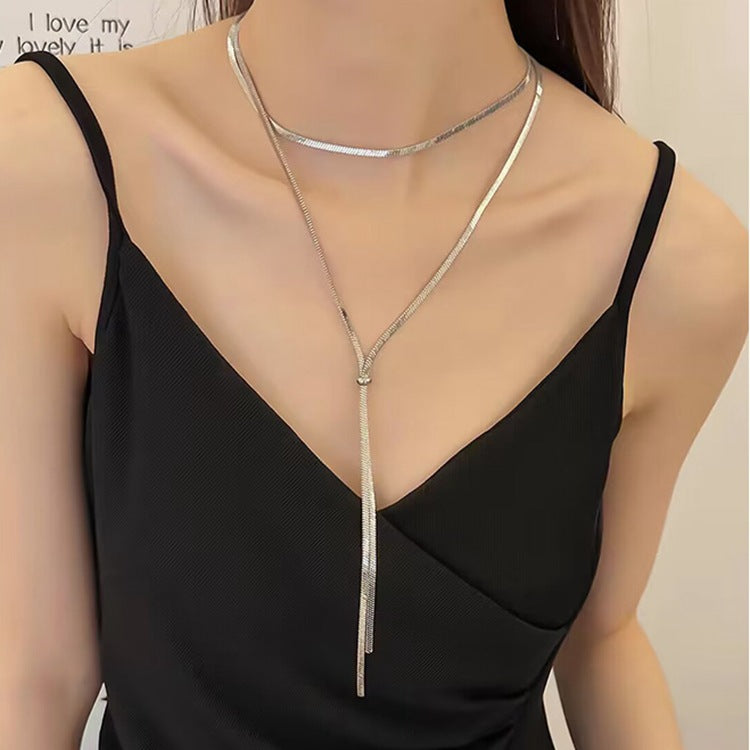 Pull Out Long Snake Chain Necklace Layer Tassel for Women