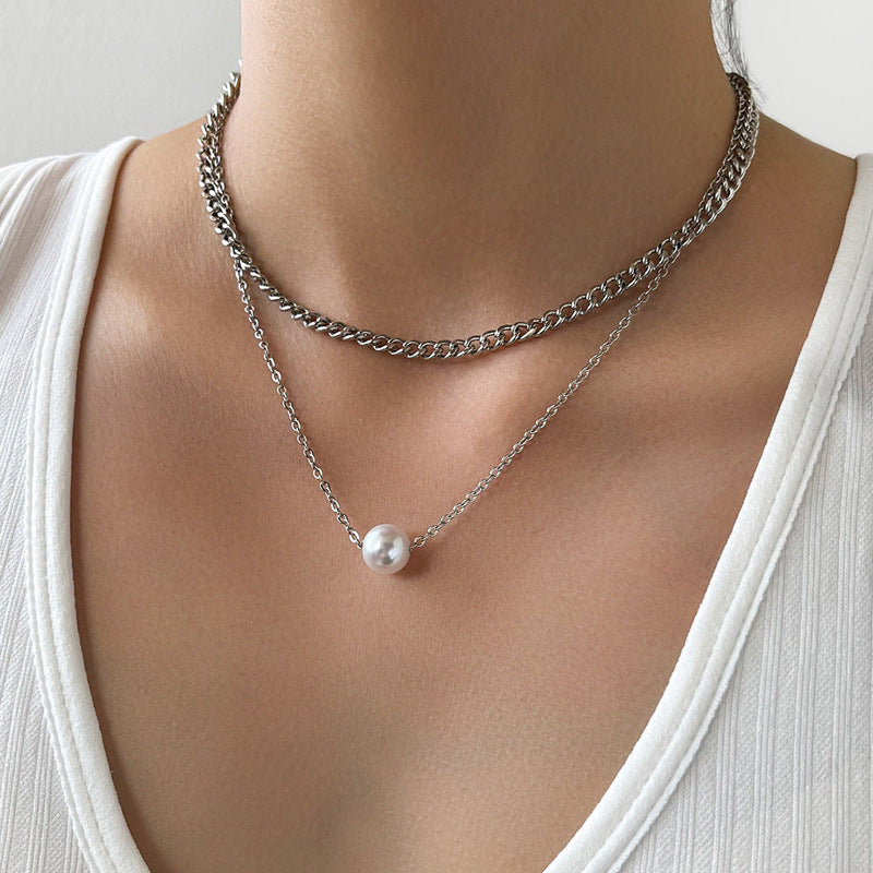 Double Layered Pearl Necklace Women Neck Chain