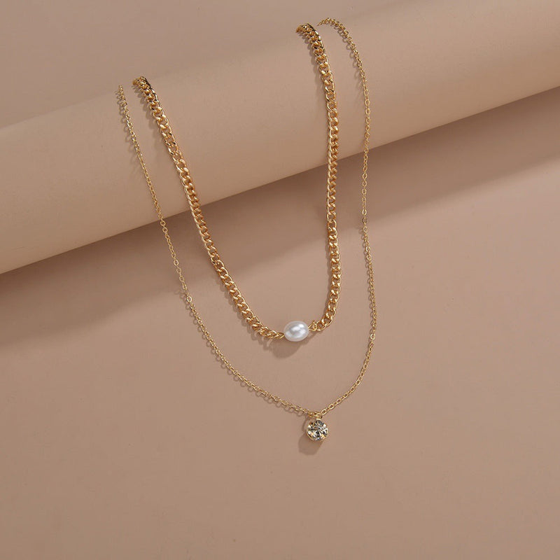 Rhinestone Pearl Round Double Layer Necklace