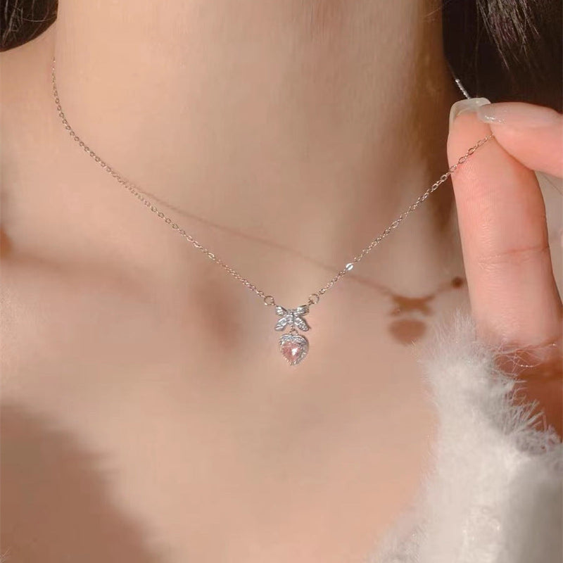 Pink Heart Zircon Bow Pendant Necklaces