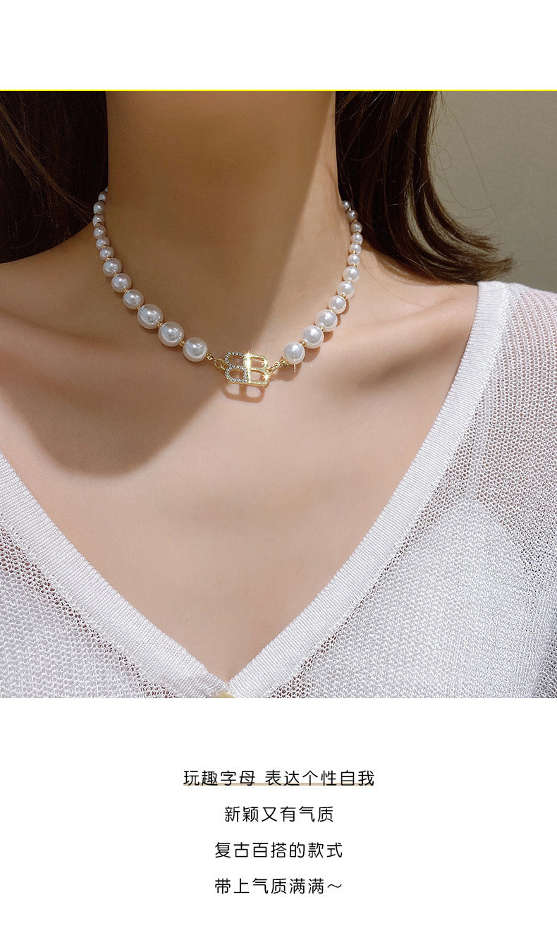 Fashion Imitation Pearl Beads Chain Letter B Pendant Necklace