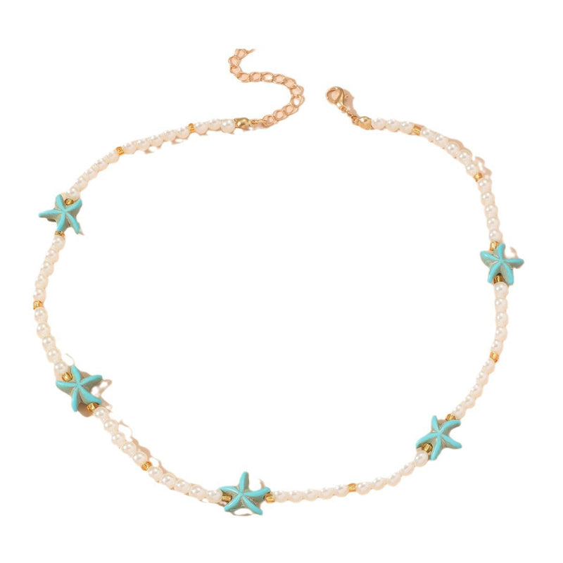 Boho Blue Starfish Pearl Chain Necklace