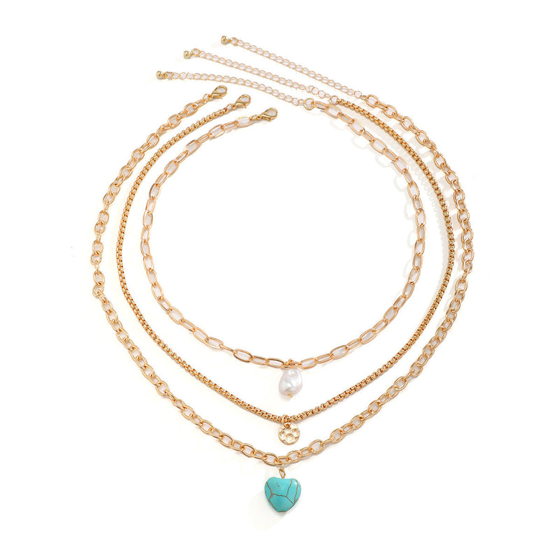 Women Ethnic Baroque Pearl Necklace Set Vintage Turquoise Heart Necklace