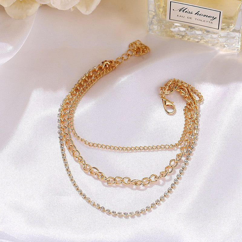 Multilayer Sparking Rhinestone Beaded Chain Anklets Jewelry