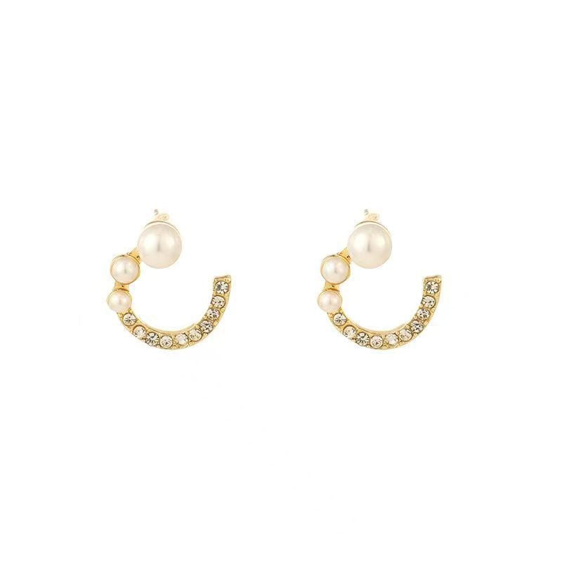 Full Stone Pearl C Shape Stud Earring