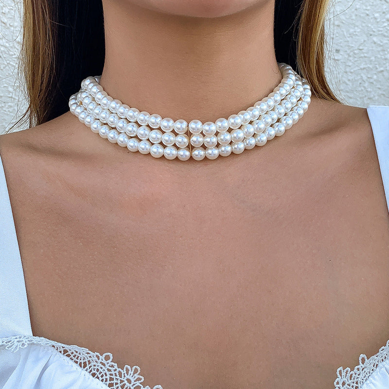 Boho Vintage Pearl Necklace Multi-Strands round Pearl Choker
