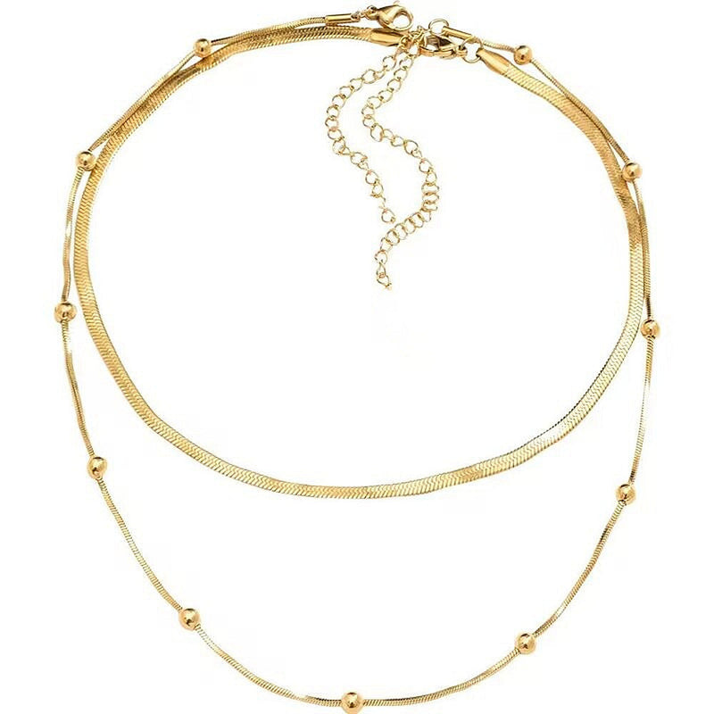 Double Layer Snake Chain Choker Round Bead Chain Necklace