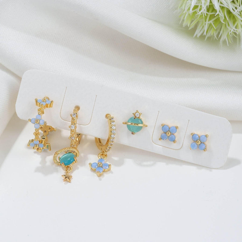 Stacking 6 Pieces Blue Flower Pierced Earring Set with Zircon, 18k Gold Plated Ear Studs and Ear Drops, Women's Fashion Jewelry for Party Daily Stacked Lobe Earrings