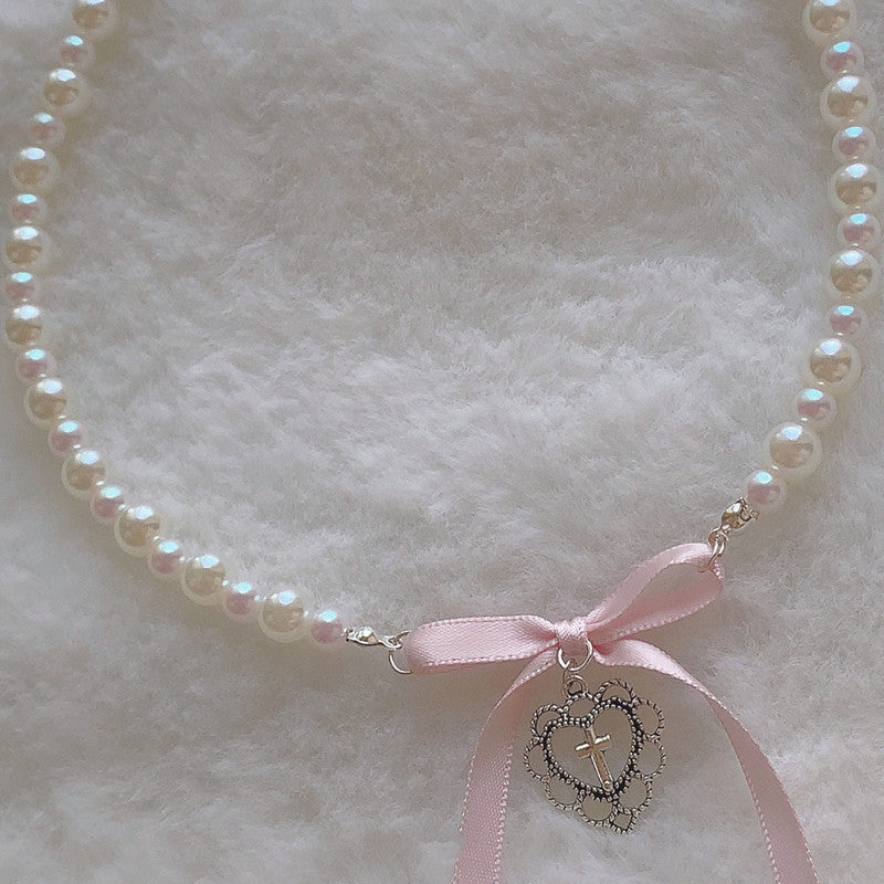 Pink Bow Love Cross Pearl Necklace Chain Collar