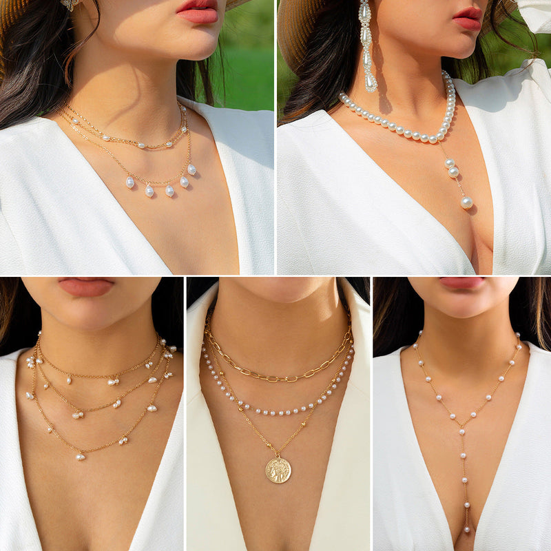 Women Pearl Bead Multi-layer Collarbone Chain Necklace