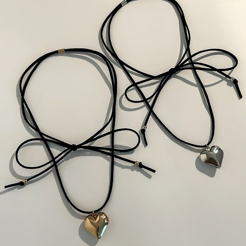 Heart Pendant Black Leather Wax Necklace