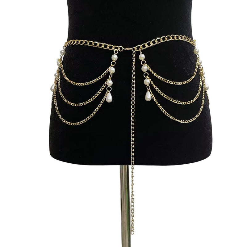 Chunky Curb Chain Belt Pearl Party Club Belly Jewelry