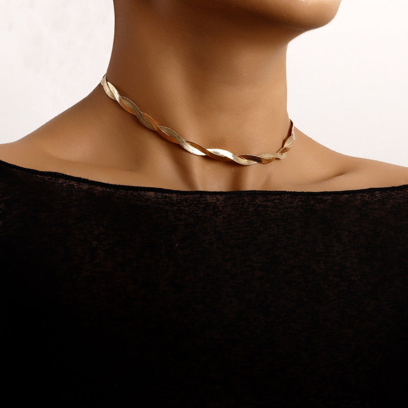 Twisted Double Layer Herringbone Chain Snake Choker Necklace