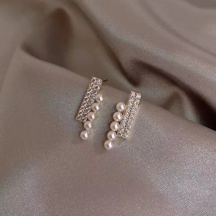 Double Layer Rhinestone Pearl Vintage Earrings