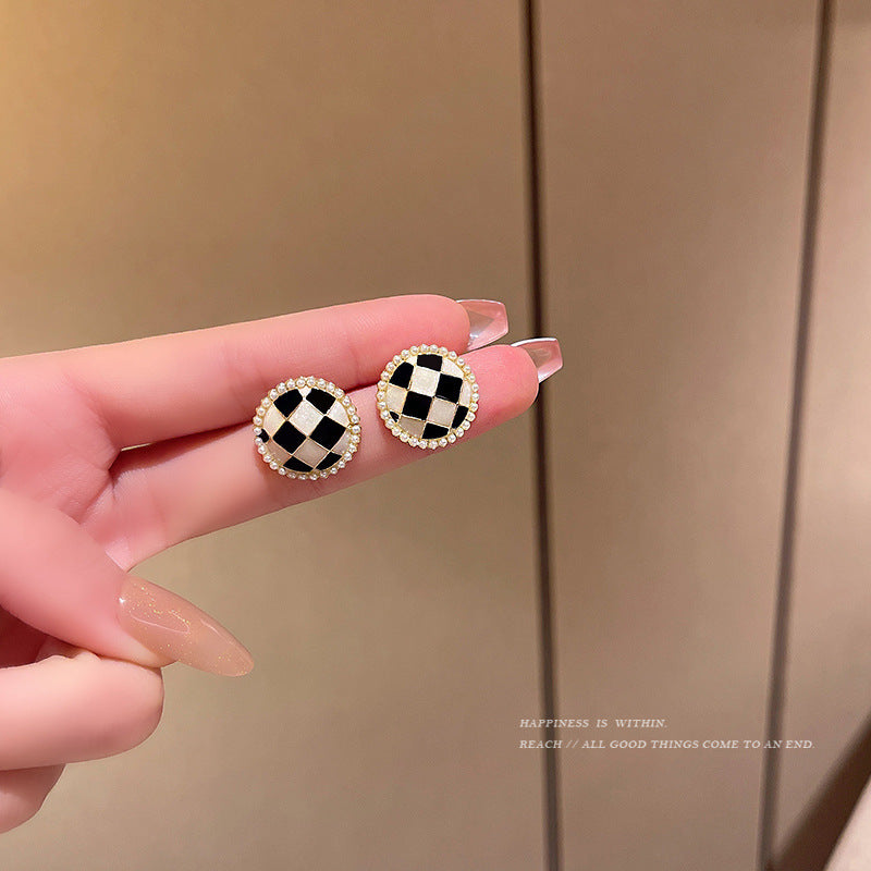 Black White Enamel Checkerboard Stud Earrings