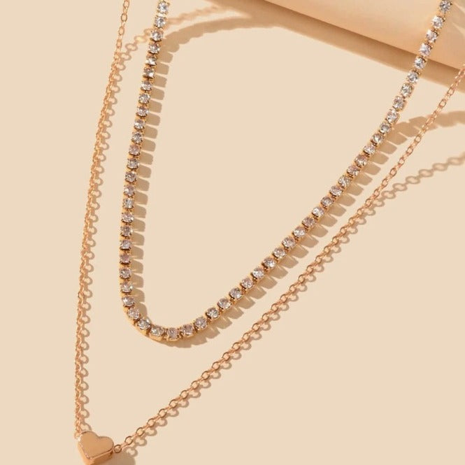 Layer Heart Rhinestone Chain Necklace
