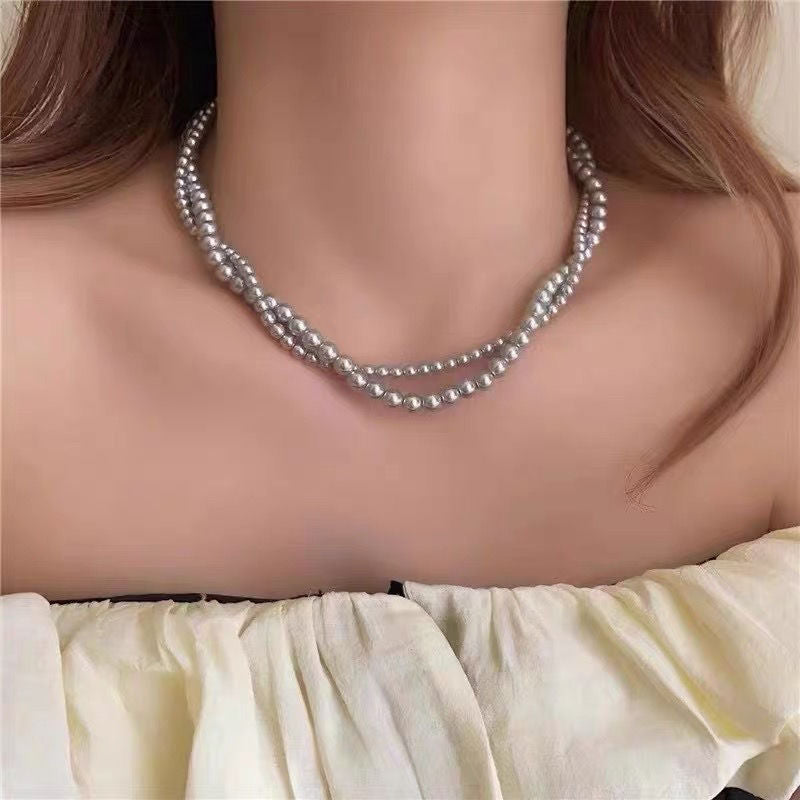 Gray Pearl Necklace Vintage Layer Choker