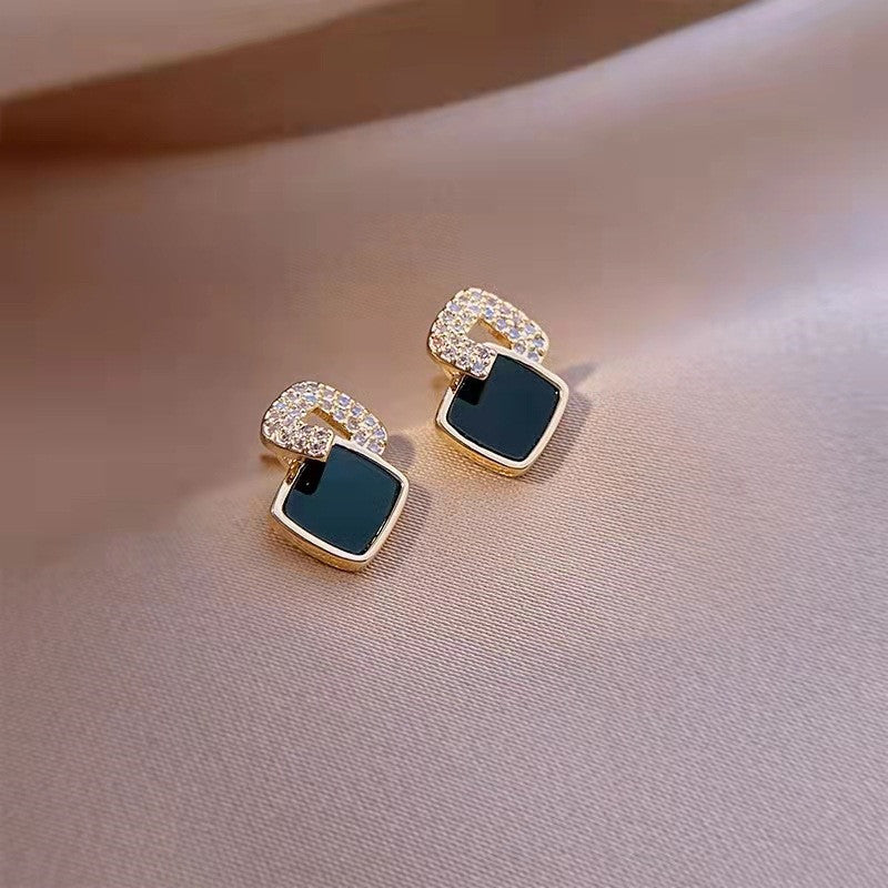 Black Enamel Geometric Square Stud Earrings