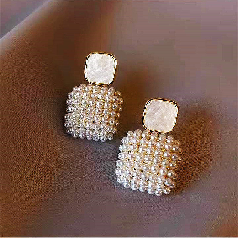 Simple White Square Pearl Pendant Earrings
