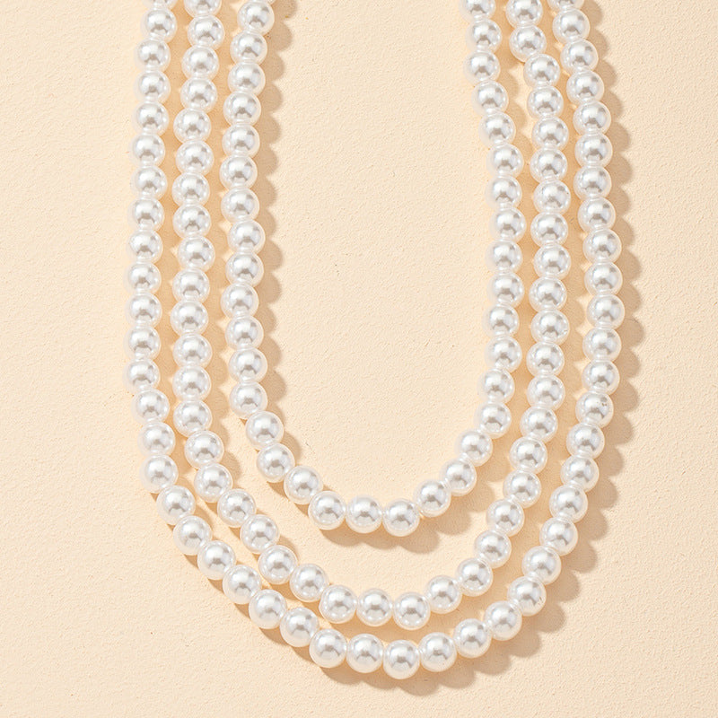 Faux Pearl Layered Three Strand Necklace Vintage