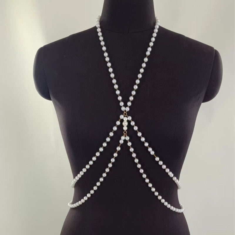 Double Layer Cross White Pearl Waist Chain for Women