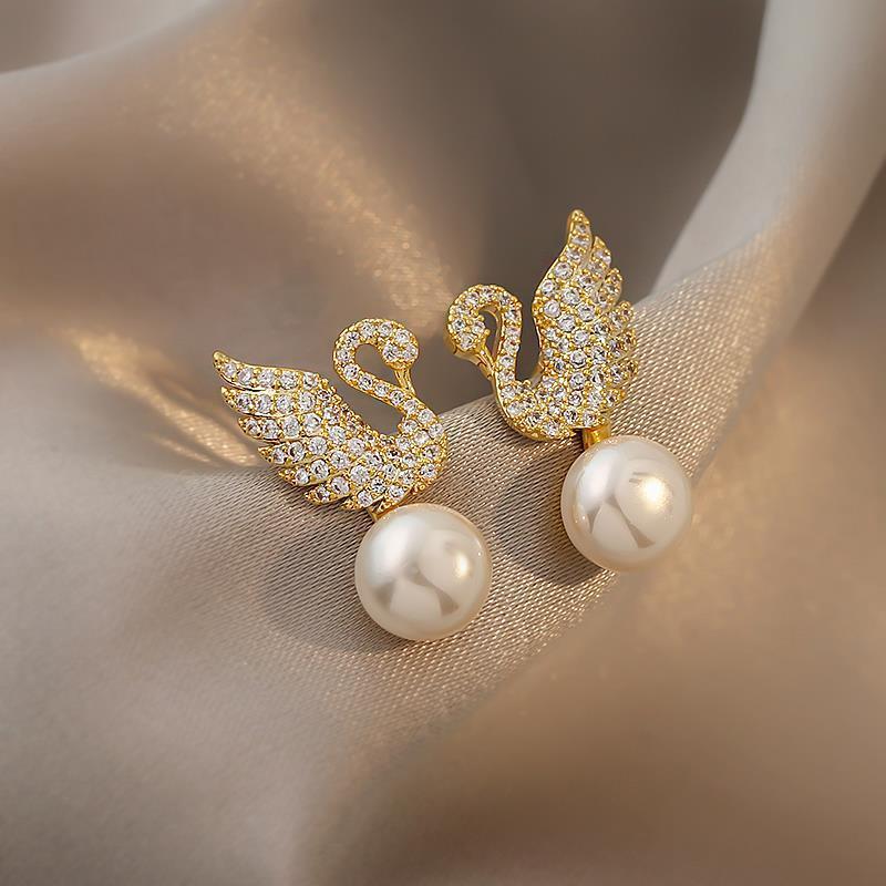 Crystal Swan Rhinestone Pearl Earrings
