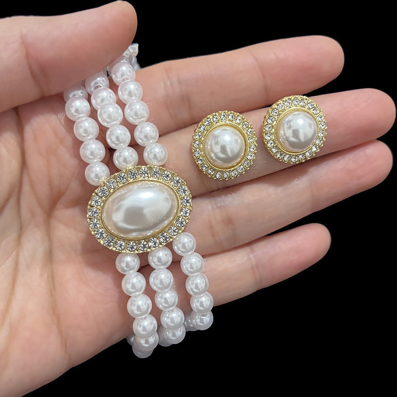 Layers White Pearl Bib Statement Necklace Earring Set