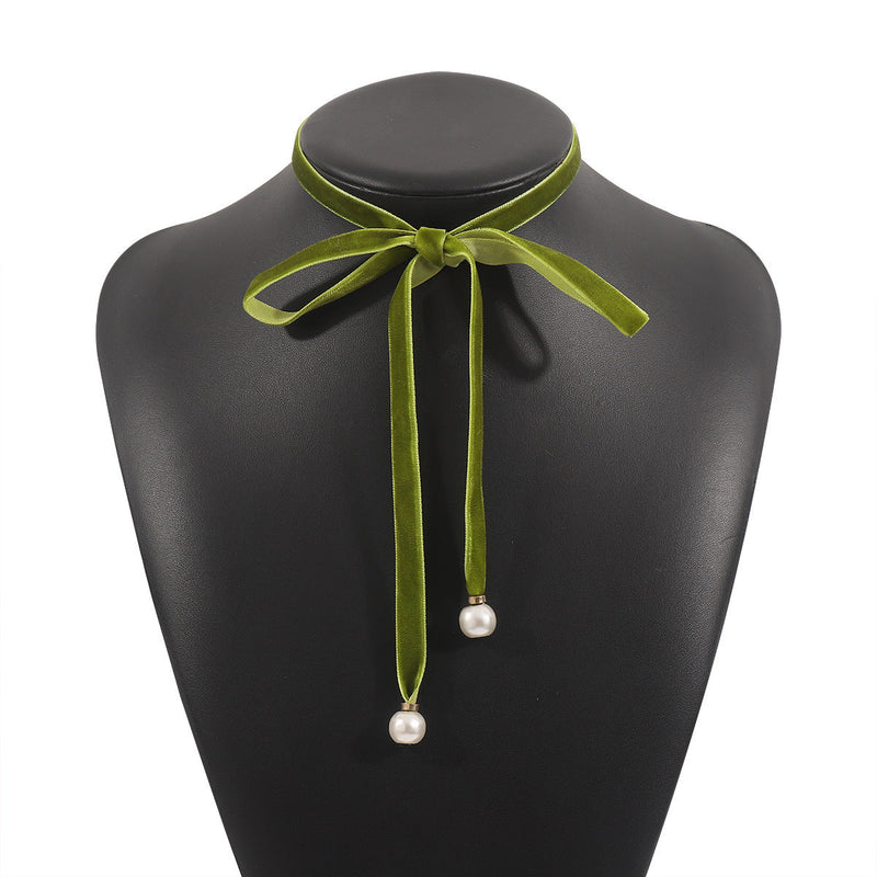Women Velvet Pearl Bow Choker Simple Long Lace up Necklace