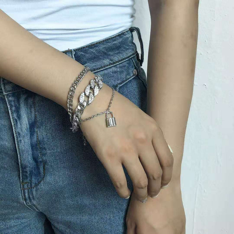 Layered Cuban Chain Bracelet Set Lock Charm