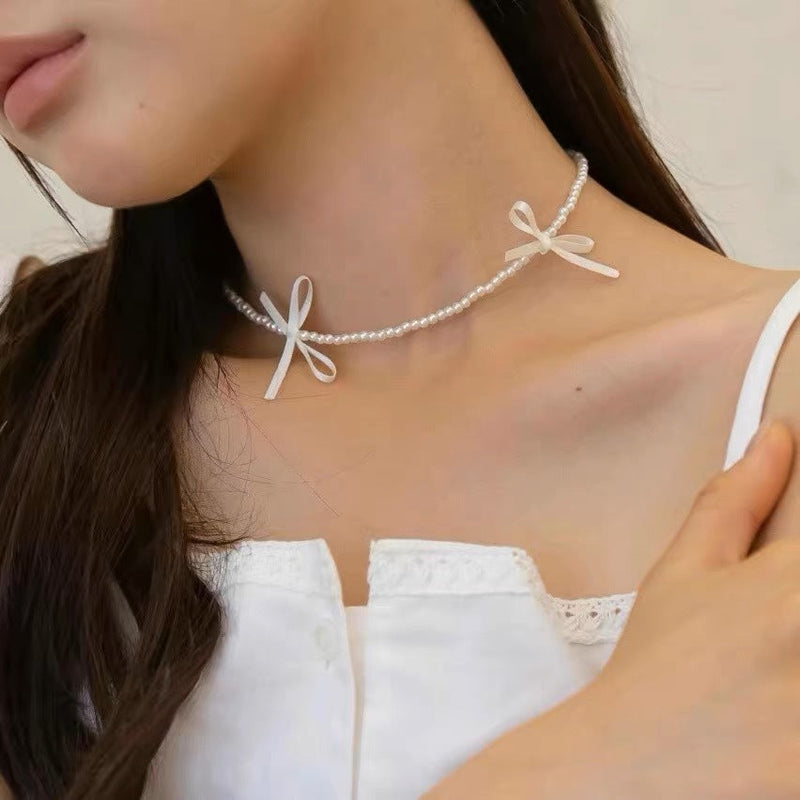 Faux Pearl Necklace Fashion Jewelry Sweet Girls Ribbon Bow Choker