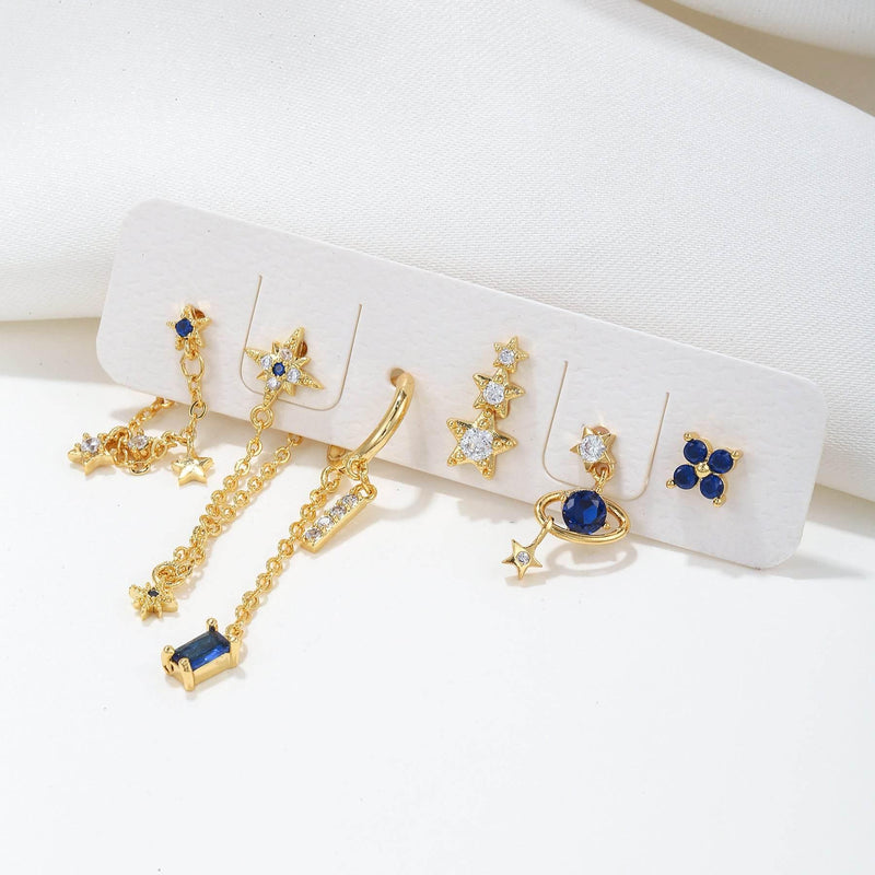 Stacking 6 Pieces Planet and Long Tassel Earring Set with Micro-Pavé Dazzling Zircons, 18k Gold Plated Ear Studs & Ear Drops, Stacked Lobe Design
