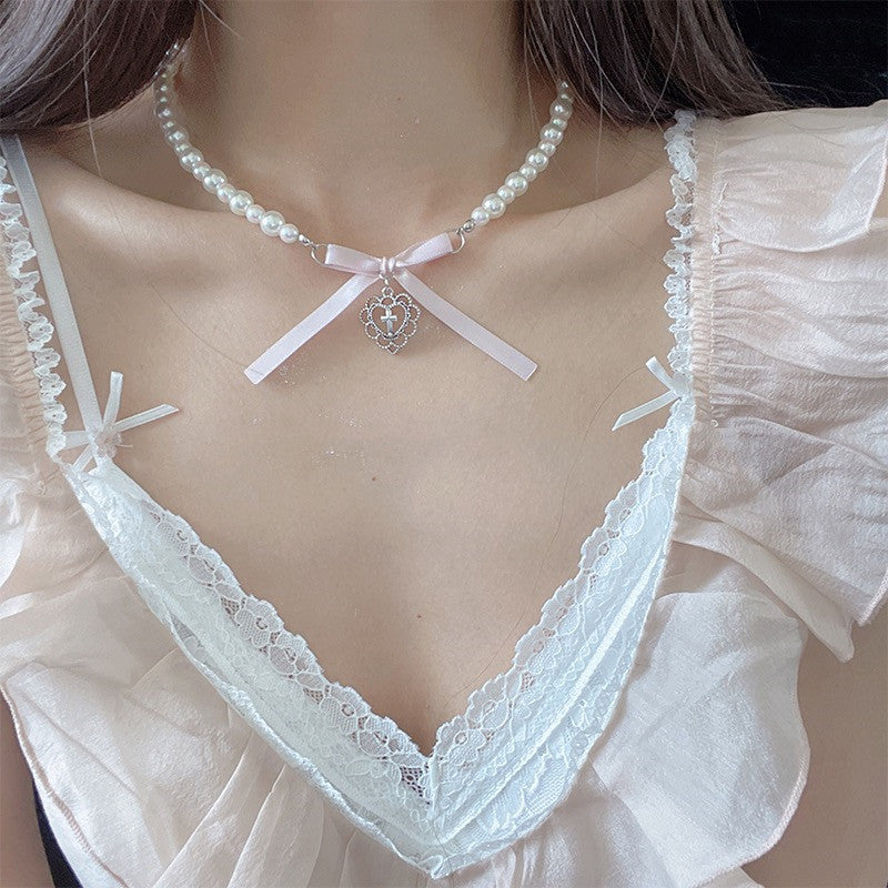 Pink Bow Love Cross Pearl Necklace Chain Collar
