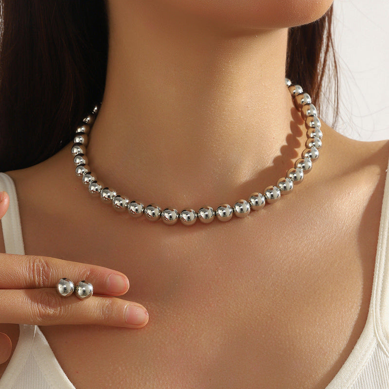 Geometric Round Metallic Beads Choker Necklace Jewelry Set