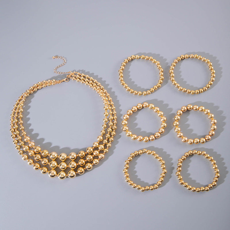 Retro CCB Geometric Metallic Beads Layer Chain Necklace Set