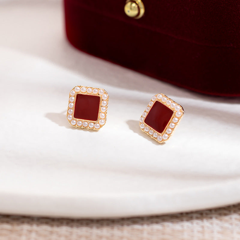 Geometric Square Pearl Stud Earrings