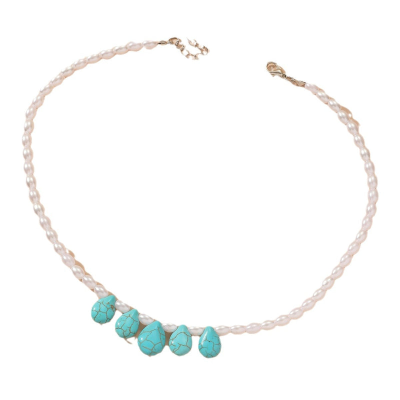 Bohemian Holiday Style Water Drop Turquoise Pendant Pearl Necklace
