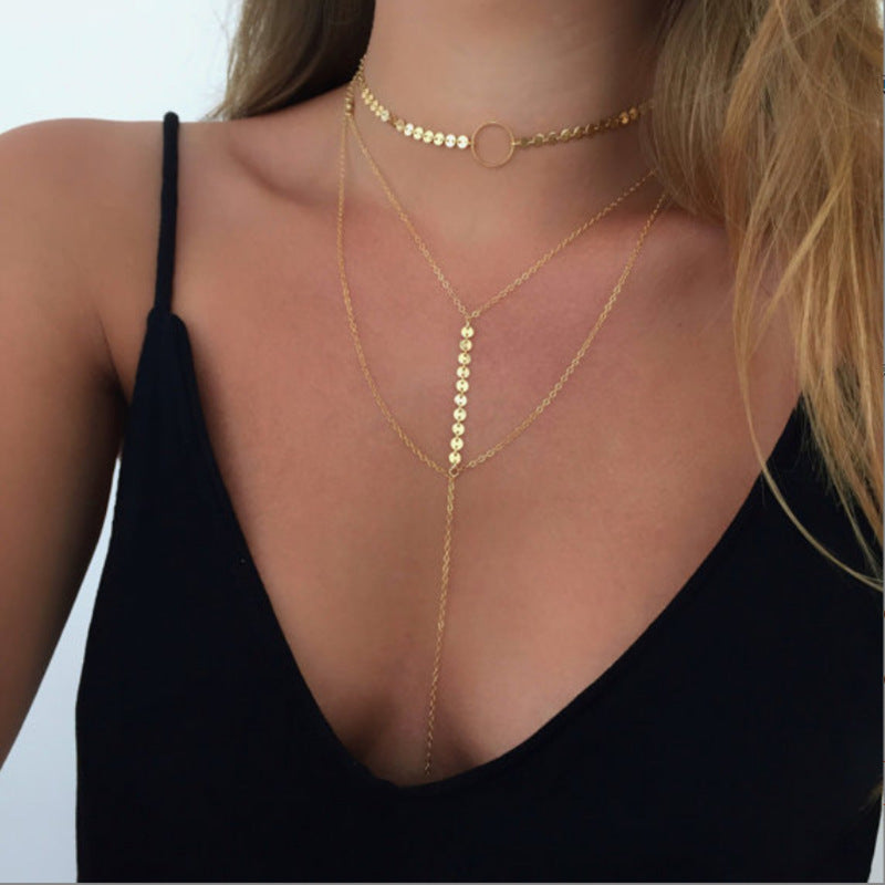 Multi Layered Chain Round Disc Choker Necklace
