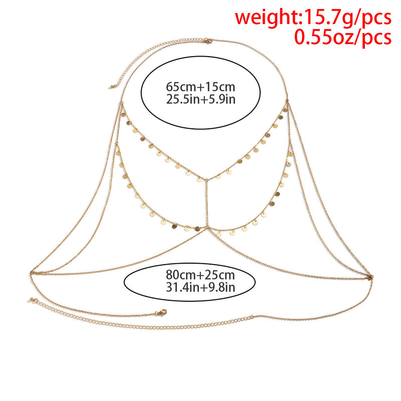 Multi-Layer Metal Small Round Piece Tassel Chest Chain Body Chain