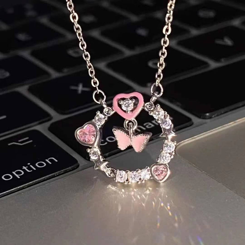 Hollowed Crystal Pink Butterfly Necklaces for Women